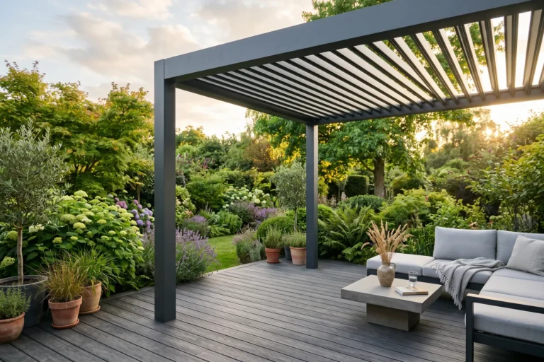 Pergola bioclimatique en aluminium gris anthracite avec lames orientables sur terrasse en bois composite