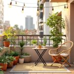 Petit balcon aménagé avec fauteuil, table pliante, plantes vertes et guirlande lumineuse