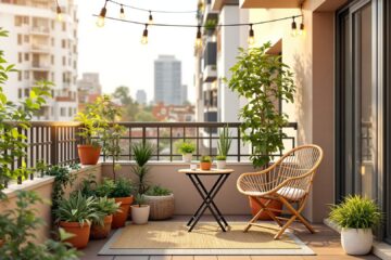 Petit balcon aménagé avec fauteuil, table pliante, plantes vertes et guirlande lumineuse