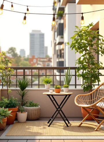 Petit balcon aménagé avec fauteuil, table pliante, plantes vertes et guirlande lumineuse
