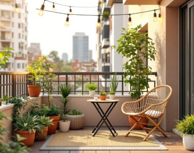 Petit balcon aménagé avec fauteuil, table pliante, plantes vertes et guirlande lumineuse