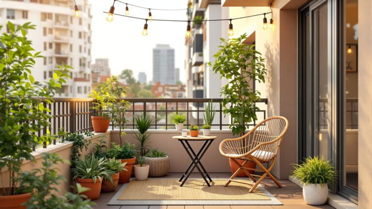 Petit balcon aménagé avec fauteuil, table pliante, plantes vertes et guirlande lumineuse