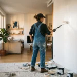 Petits travaux maison : quand faire soi-même et quand appeler un pro en 2026 Bricoleur en train de peindre un mur de salon en blanc au rouleau