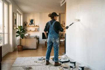 Bricoleur en train de peindre un mur de salon en blanc au rouleau