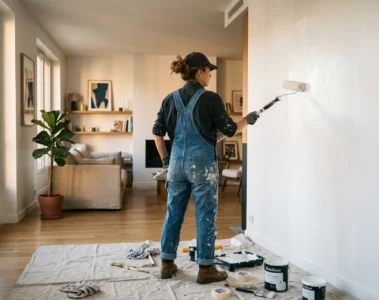 Bricoleur en train de peindre un mur de salon en blanc au rouleau