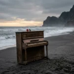 Comment se termine le film La Leçon de piano : explication de la fin et du regret de Jane Campion Piano abandonné sur une plage volcanique de Nouvelle-Zélande au coucher de soleil