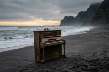 Piano abandonné sur une plage volcanique de Nouvelle-Zélande au coucher de soleil