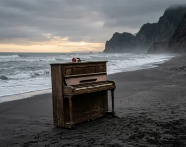 Piano abandonné sur une plage volcanique de Nouvelle-Zélande au coucher de soleil