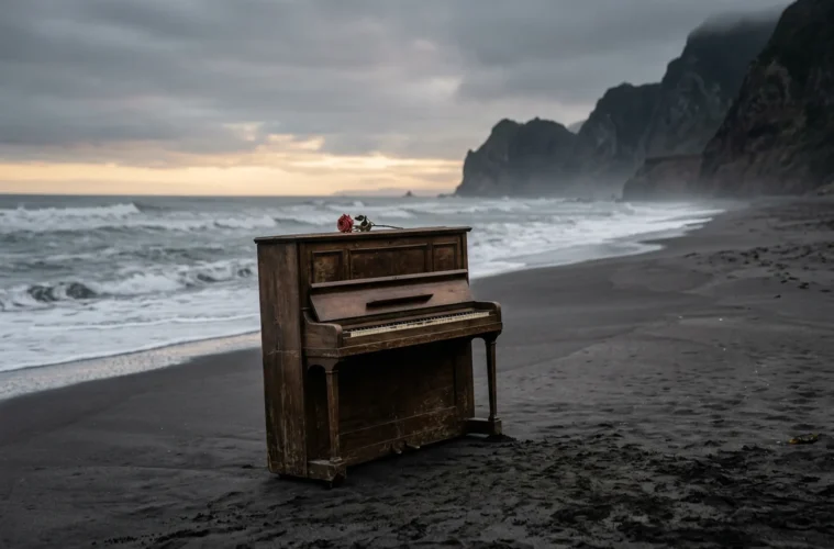 Piano abandonné sur une plage volcanique de Nouvelle-Zélande au coucher de soleil