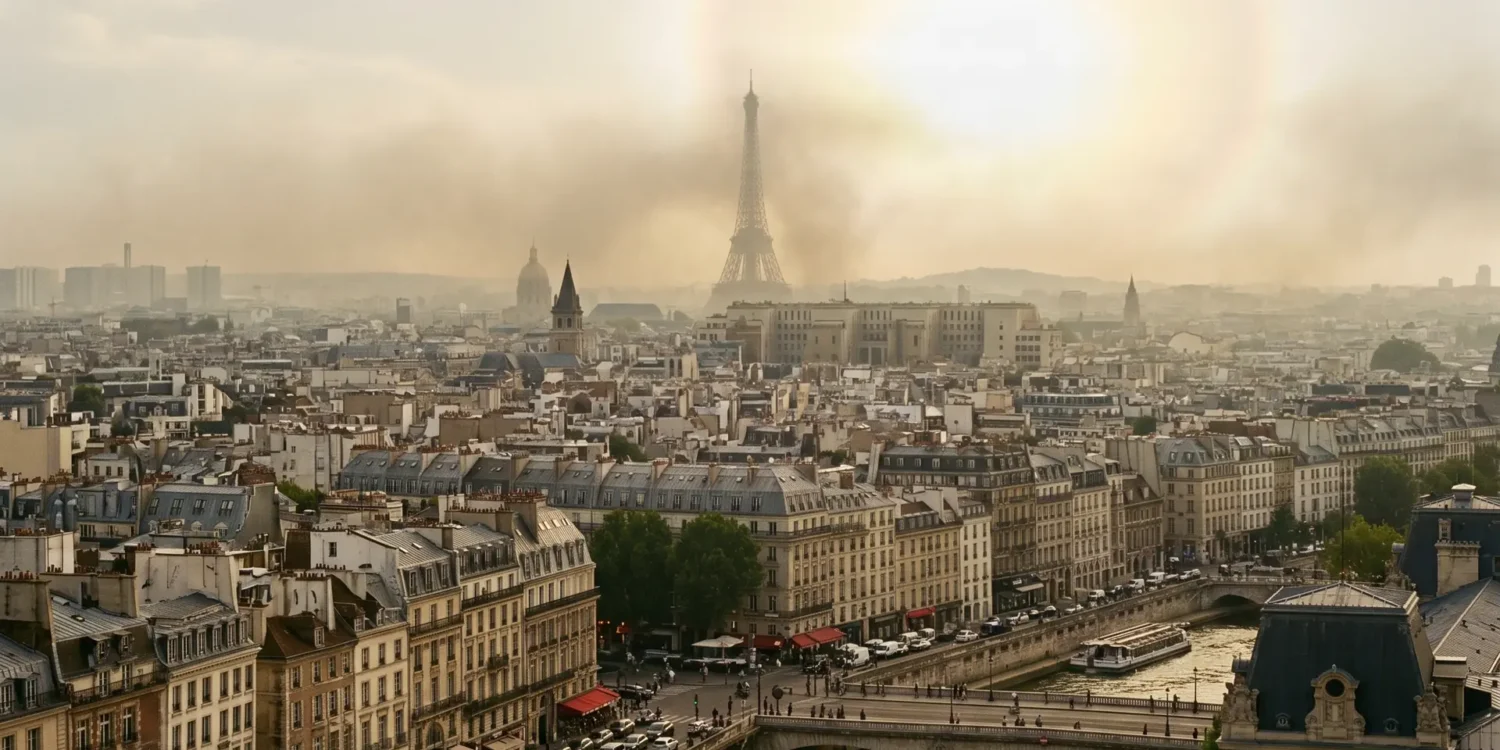 Skyline urbain français sous un dôme de brume de pollution atmosphérique, immeubles haussmanniens et halo lumineux de pic d'ozone estival