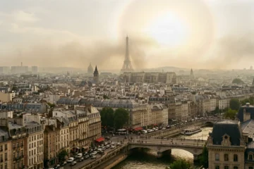 Skyline urbain français sous un dôme de brume de pollution atmosphérique, immeubles haussmanniens et halo lumineux de pic d'ozone estival