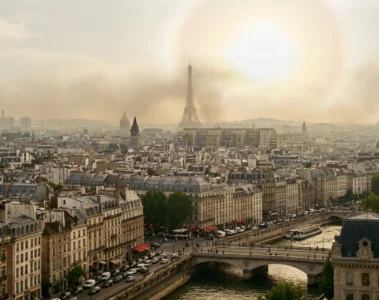 Skyline urbain français sous un dôme de brume de pollution atmosphérique, immeubles haussmanniens et halo lumineux de pic d'ozone estival