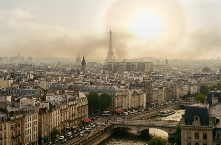 Skyline urbain français sous un dôme de brume de pollution atmosphérique, immeubles haussmanniens et halo lumineux de pic d'ozone estival
