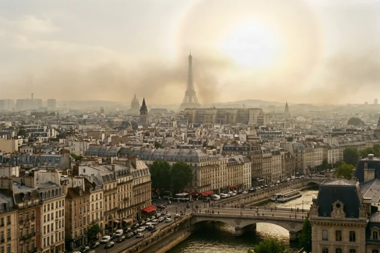 Skyline urbain français sous un dôme de brume de pollution atmosphérique, immeubles haussmanniens et halo lumineux de pic d'ozone estival