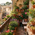 Plantes de balcon méditerranéennes en pots de terre cuite