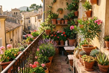 Plantes de balcon méditerranéennes en pots de terre cuite