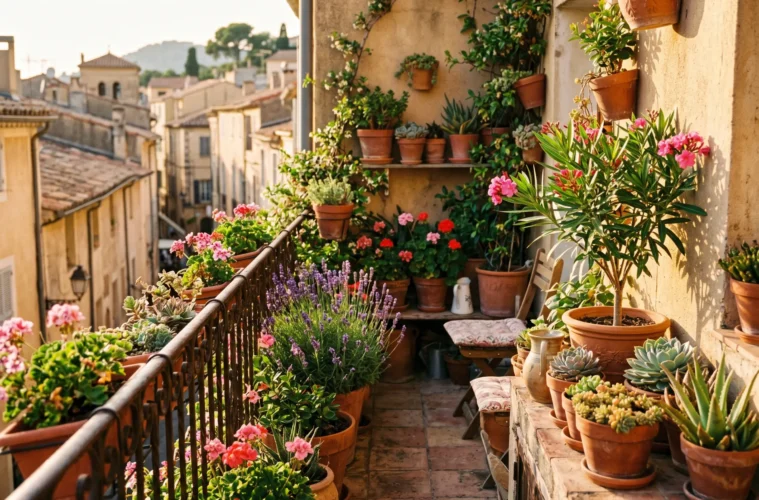 Plantes de balcon méditerranéennes en pots de terre cuite
