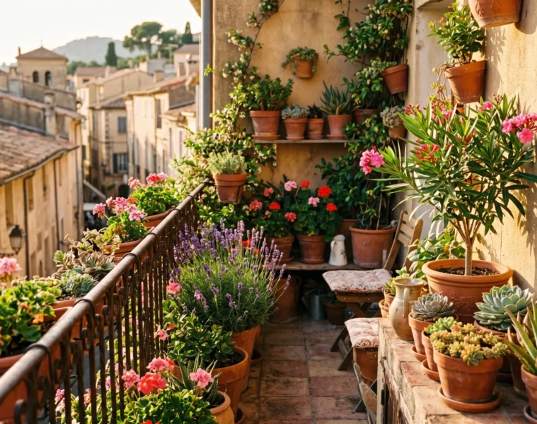 Plantes de balcon méditerranéennes en pots de terre cuite