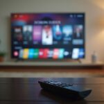 Television affichant une interface de streaming dans un salon moderne