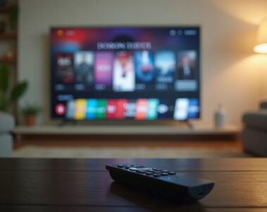 Television affichant une interface de streaming dans un salon moderne