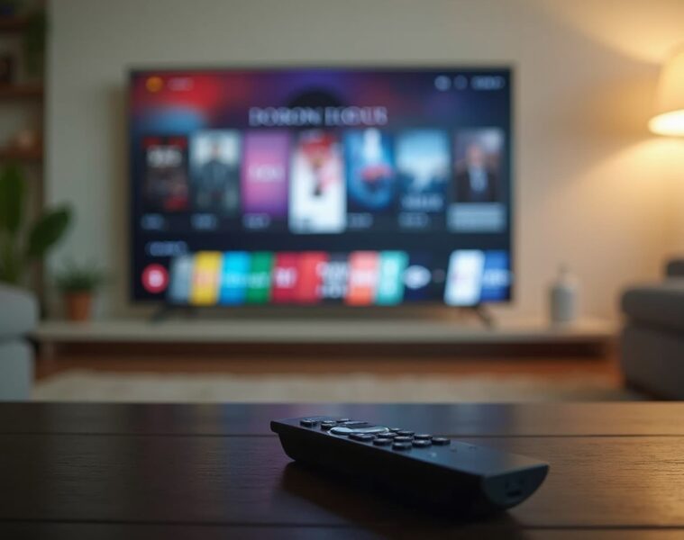 Television affichant une interface de streaming dans un salon moderne