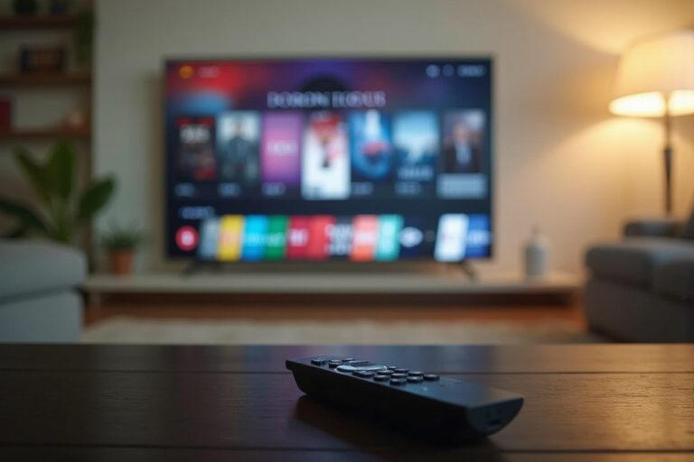 Television affichant une interface de streaming dans un salon moderne