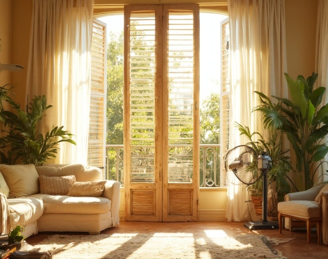Salon lumineux en été avec volets semi-fermés, plantes vertes et ventilateur