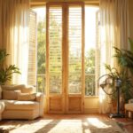 Salon lumineux en été avec volets semi-fermés, plantes vertes et ventilateur