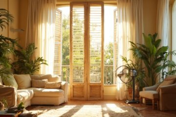 Salon lumineux en été avec volets semi-fermés, plantes vertes et ventilateur