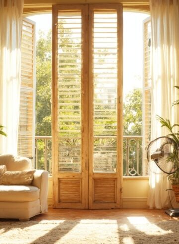 Salon lumineux en été avec volets semi-fermés, plantes vertes et ventilateur