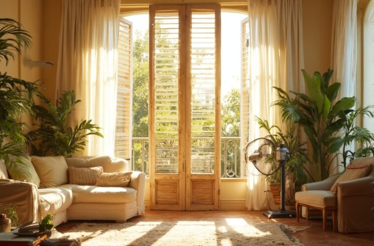 Salon lumineux en été avec volets semi-fermés, plantes vertes et ventilateur