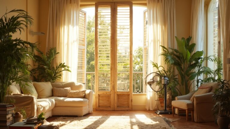 Salon lumineux en été avec volets semi-fermés, plantes vertes et ventilateur