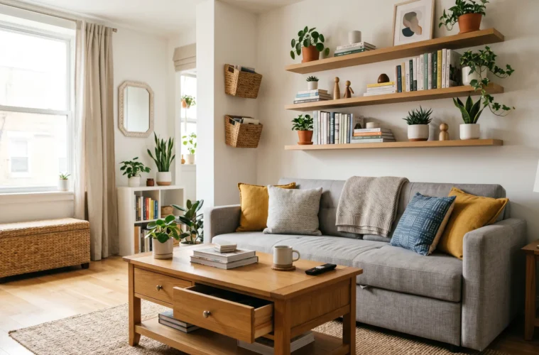 Illustration éditoriale rangement petit appartement solutions astucieuses