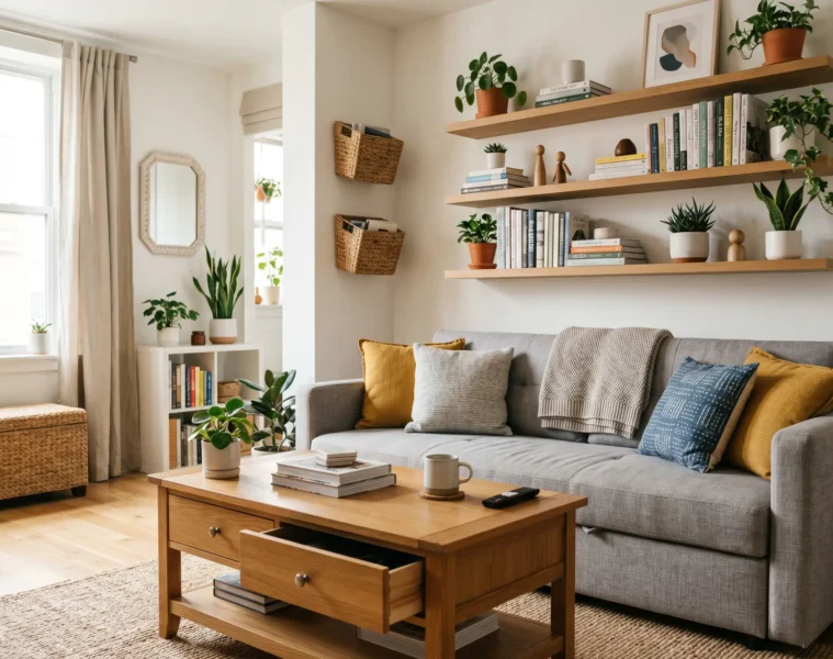 Illustration éditoriale rangement petit appartement solutions astucieuses