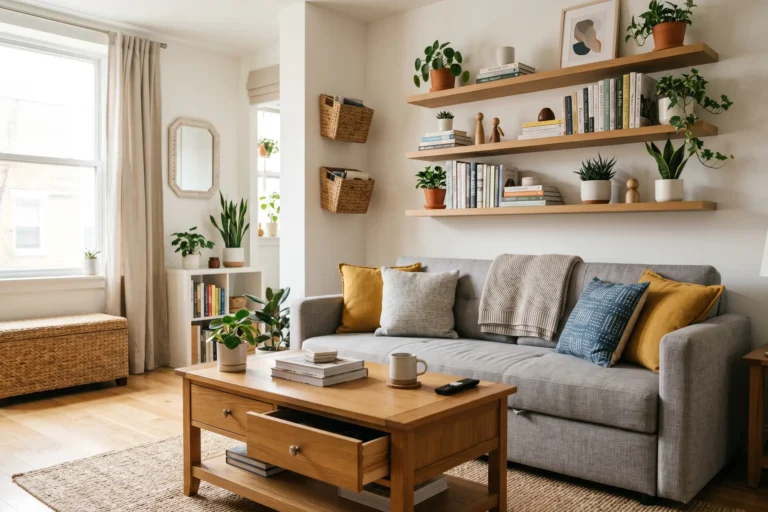 Illustration éditoriale rangement petit appartement solutions astucieuses