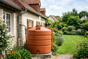 Récupérateur d'eau de pluie en PEHD terracotta installé dans un jardin