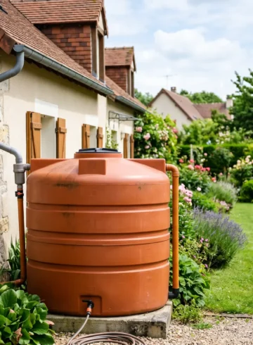 Récupérateur d'eau de pluie en PEHD terracotta installé dans un jardin