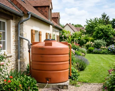 Récupérateur d'eau de pluie en PEHD terracotta installé dans un jardin