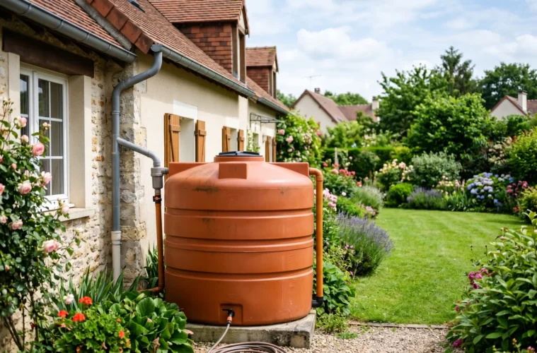 Récupérateur d'eau de pluie en PEHD terracotta installé dans un jardin