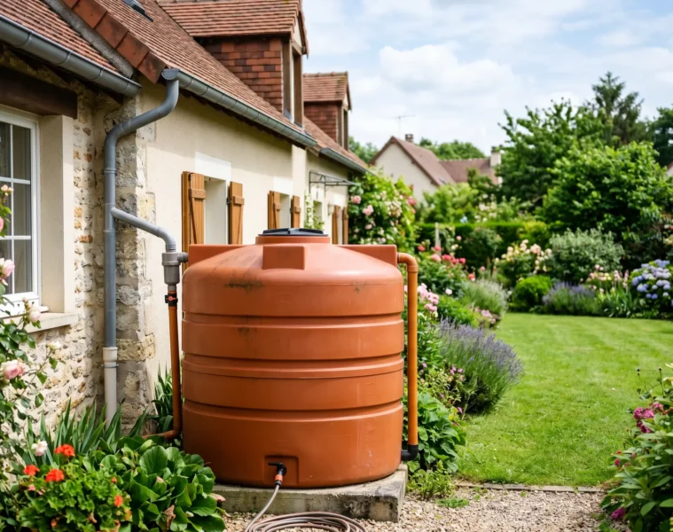 Récupérateur d'eau de pluie en PEHD terracotta installé dans un jardin