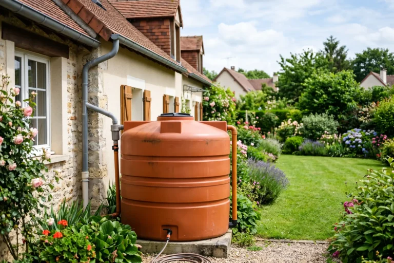 Récupérateur d'eau de pluie en PEHD terracotta installé dans un jardin