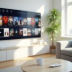 Interface de streaming sur une television dans un salon lumineux