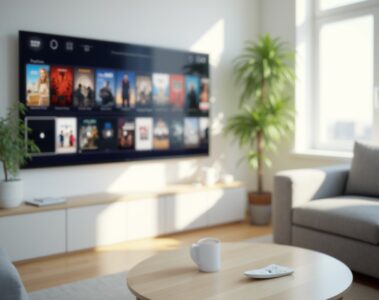 Interface de streaming sur une television dans un salon lumineux