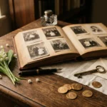 Album photo ancien ouvert avec enveloppe Testament, stylo plume, muguet et pièces dorées sur une table en chêne