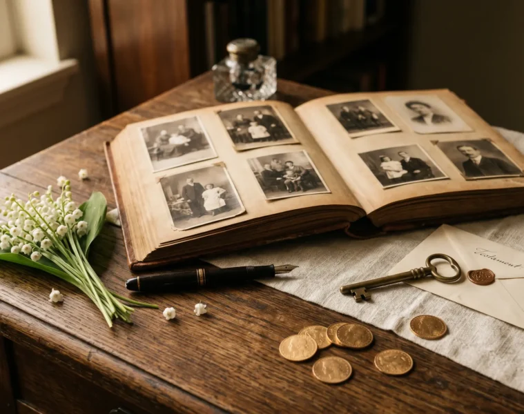 Album photo ancien ouvert avec enveloppe Testament, stylo plume, muguet et pièces dorées sur une table en chêne