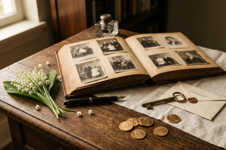 Album photo ancien ouvert avec enveloppe Testament, stylo plume, muguet et pièces dorées sur une table en chêne