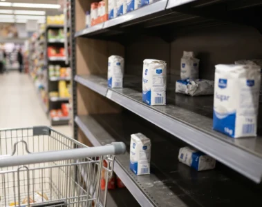 Rayon sucre de supermarche partiellement vide, produits manquants, chariot au premier plan, ambiance magasin