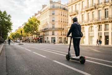 Trottinette électrique 2026 : jeune adulte en tenue moderne sur une trottinette urbaine dans un boulevard haussmannien parisien