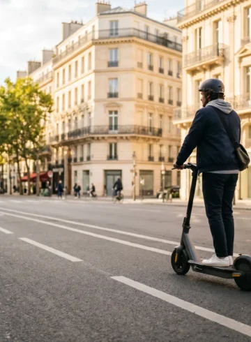 Trottinette électrique 2026 : jeune adulte en tenue moderne sur une trottinette urbaine dans un boulevard haussmannien parisien