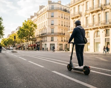 Trottinette électrique 2026 : jeune adulte en tenue moderne sur une trottinette urbaine dans un boulevard haussmannien parisien